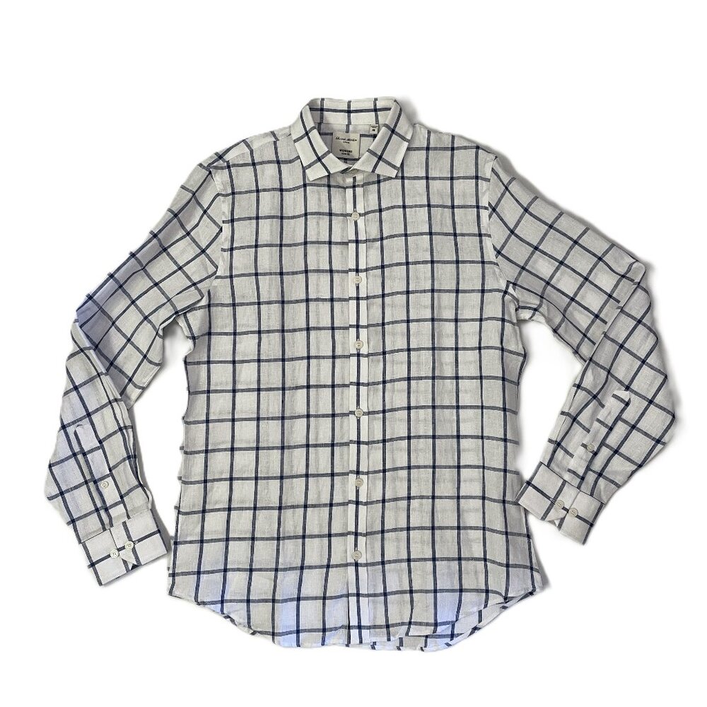 Murano Baird McNutt 100% Linen Shirt Men M Blue Check Long Sleeve Slim Button-Up